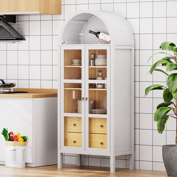 TIMOREN 72" Arched Storage Cabinet, Accent Cabinet with Glass Doors and Auto Sensor Light, Height Adjustable Shelves and 2 Drawers for Living Room or Kitchen, White