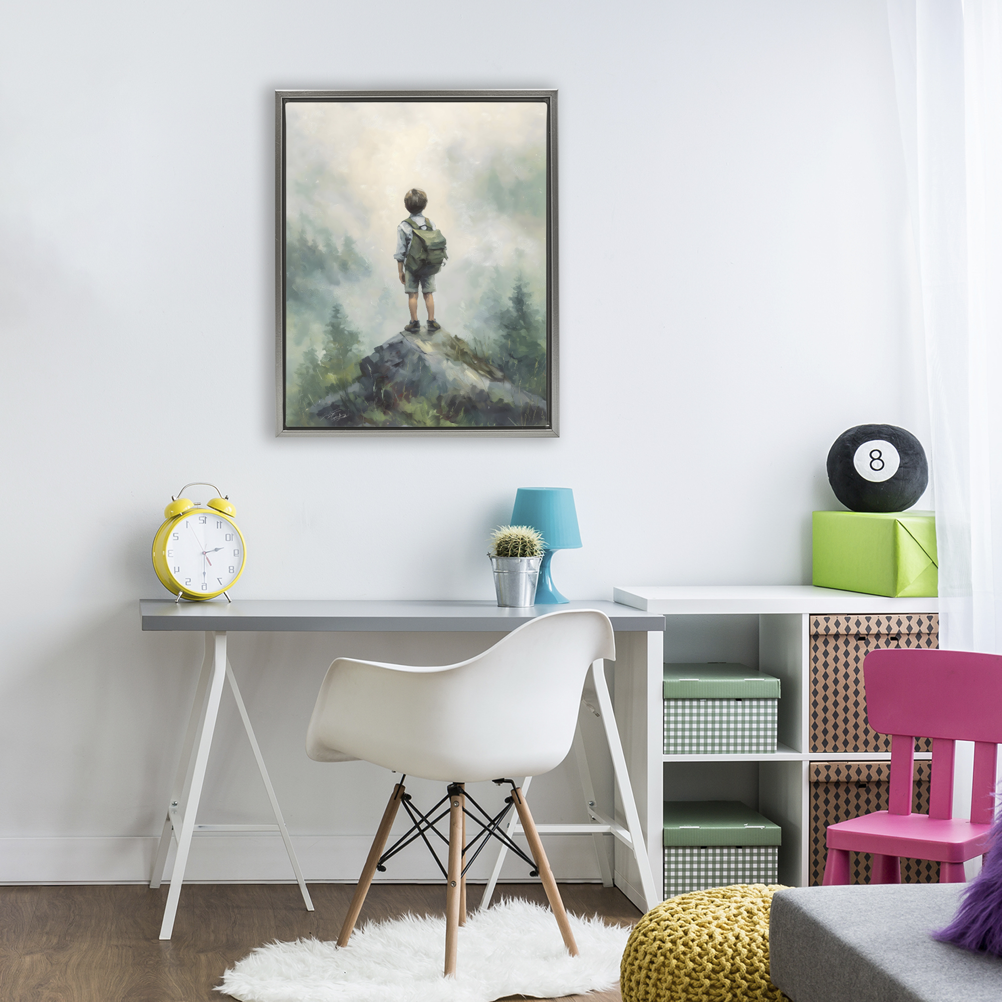 Boy Adventurer Atop Mountain Gray Framed Floater Canvas Wall Art, design by Arlington Prints