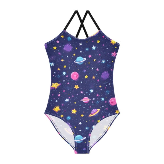 Girls' One-piece Swimsuit Cross Back Bathing Suit Beach Surfing Sizes 3T-10T Colorful Stars and Planets Pattern