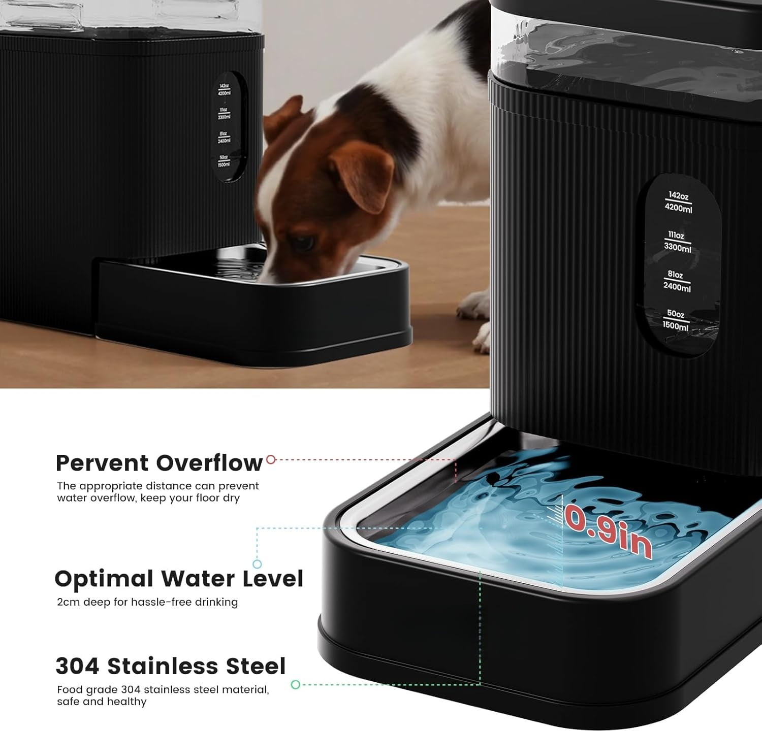 Nomipaw Automatic Dog Water Dispenser Gravity Waterer with Stainless Steel Bowl Water Dispenser 6.5L Large Capacity Water Feeder with Filters for Dogs Cats Pets, BPA-Free Noise-Free (Black, 6.5L)