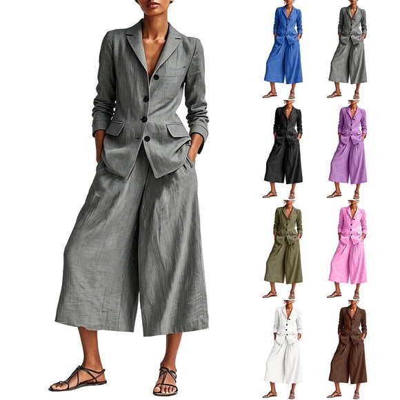 Hinvhai Women Suits 2 Piece Set Business Casual Dressy Oversized Blazer Jacket and Wide Leg Capri Pant Outfits White XL(XL)