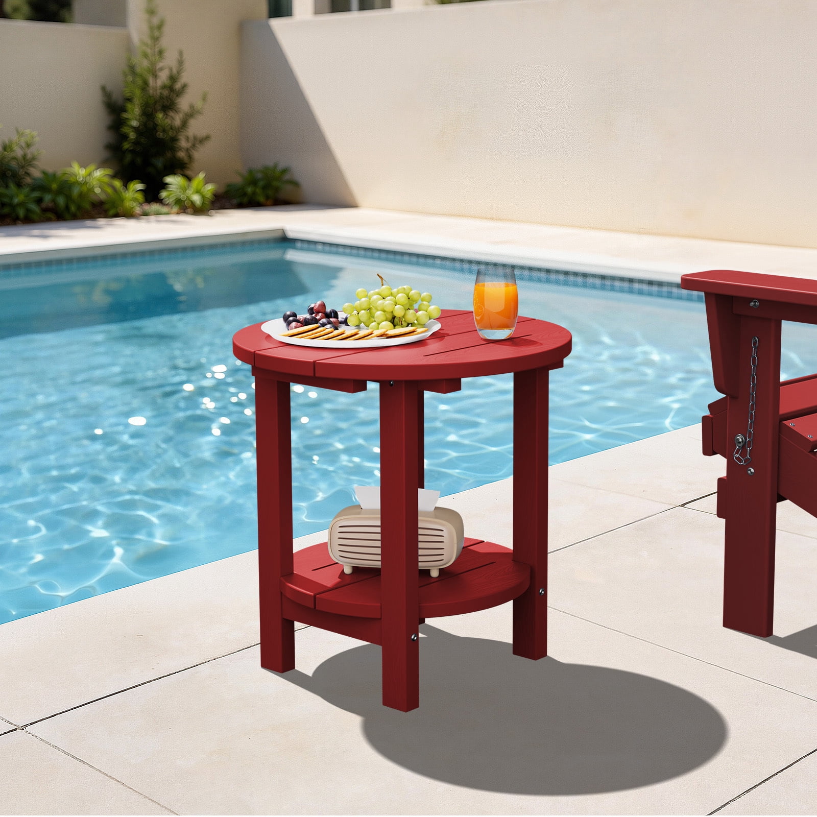 FUNDAZE 2-Tier Round HDPE Patio Side Table, End Tables For Living Room, Waterproof Indoor & Outdoor Small Table for Poolside, Garden, Dark Red