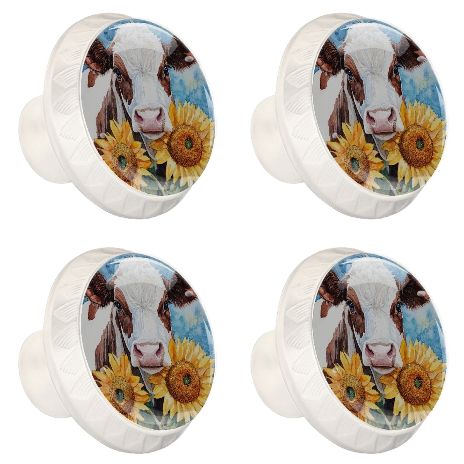 4 Pcs Cow and Sunflower Knobs for Kitchen Cabinet Cupboard Dresser Bookcase Drawer Pulls Handles Round Home Decor