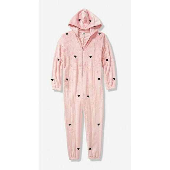 Victoria's Secret Pink One Piece Hooded Fuzzy Pajamas Pink Hearts M/L New