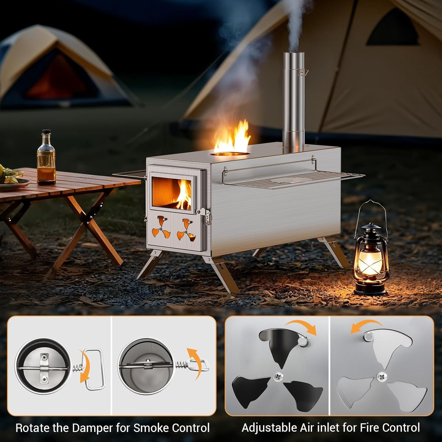 SLSY Hot Tent Stove, Camping Wood Stove for Tent, Portable Stainless Steel Wood Burning Stove with 7 Chimney Pipes for Wall Tent Camping, Cooking, Hunting, Boiling Water，Ice Fishing - Large