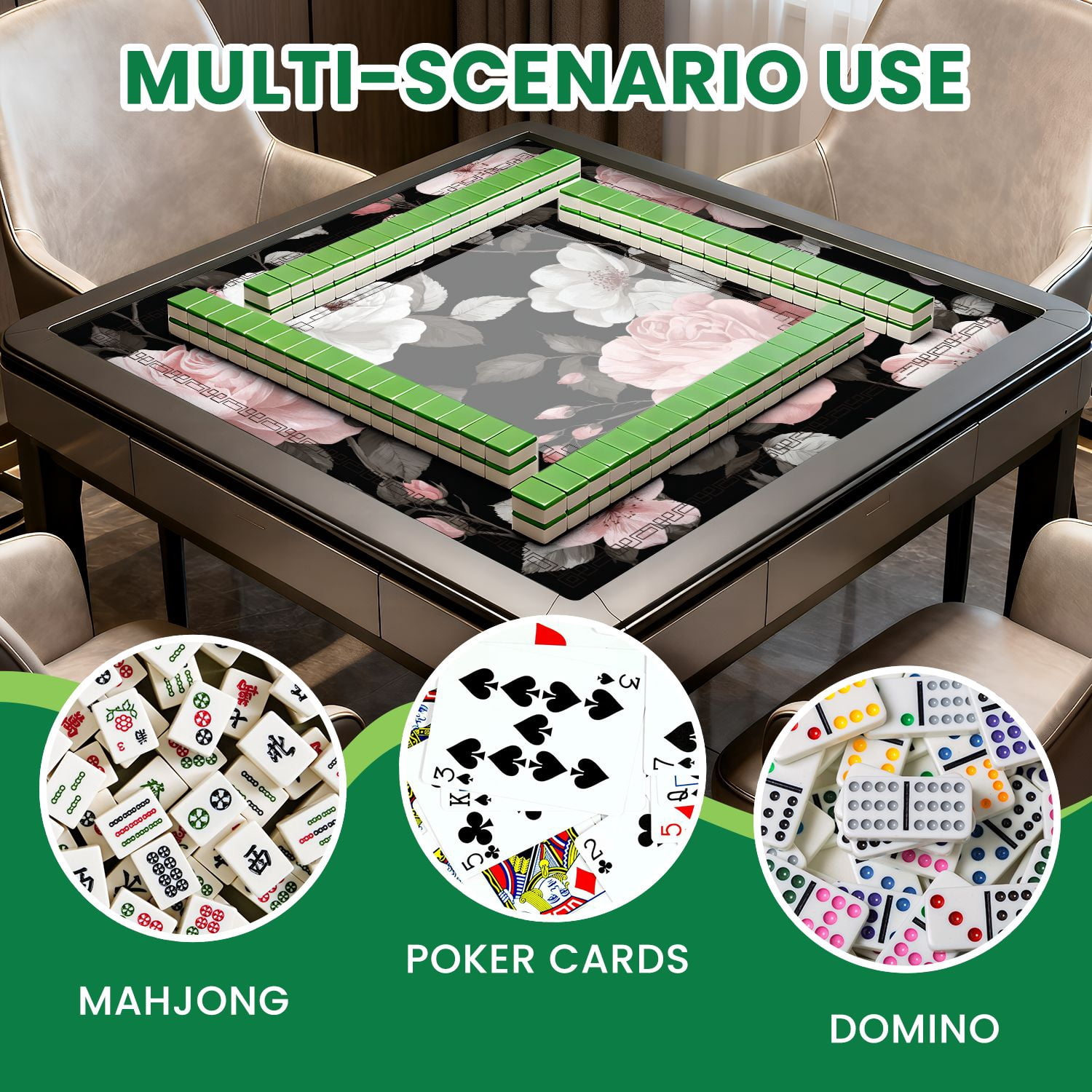 Mahjong Mat 31.5" x 31.5" Seamless pink roses Non-Slip Noise Reduction American Mahjong Tiles Table Cover for Dominoes Poker Card Board Games Gift