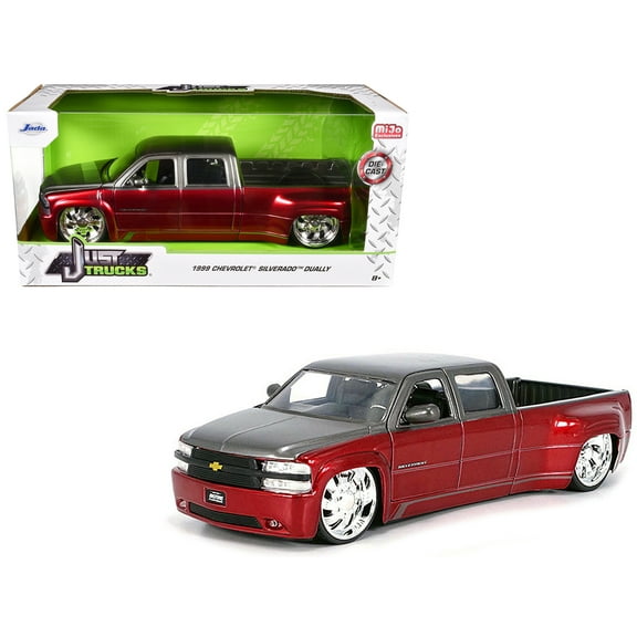 1999 Chevrolet Silverado Dually Pickup Truck Red Metallic and Gray with Custom KMC Wheels "Just Trucks" Series 1/24 Diecast Model Car by Jada