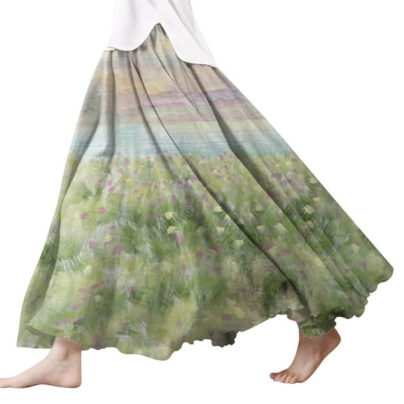 SNOWSONG Fall Skirts for Women 2024 Clearance! Women's Fashion Linen Scalloped Hem Floral Printed Half-Length Skirt, Midi Skirts, Boho Skirts, Floral Skirt 1PC half skirt Green 3XL