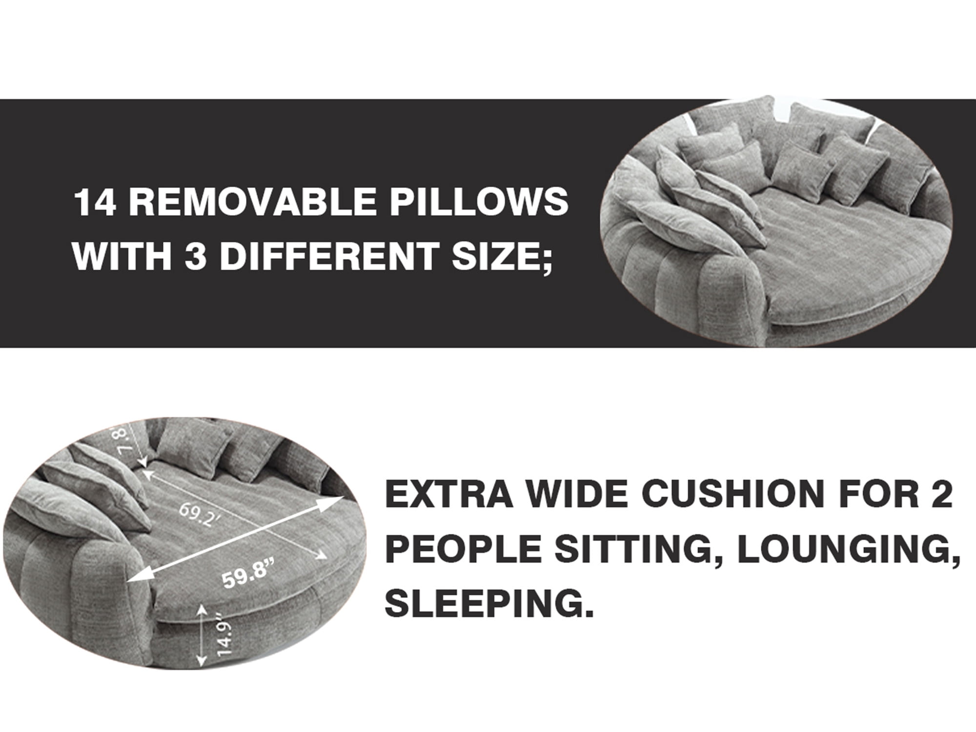 litvz 81.1in extra wide round boneless sofa oversized round chaise lounge comfy with 14 pillows for living room