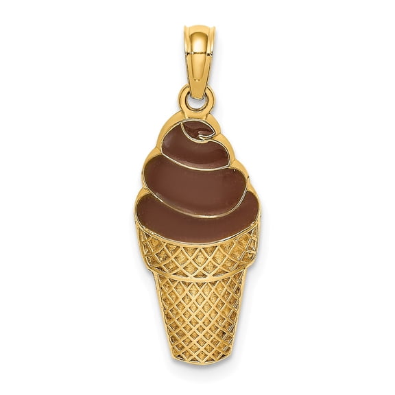 FB Jewels 14K Yellow Gold Chocolate Ice Cream Cone 2D (Brown Enamel) Pendant