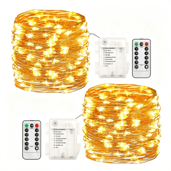 HIBIBUD 2Pcs 20 Ft 60 Led Fairy Lights,Battery-Operated,Warm White,Remote Control,Timer,8 Lighting Modes,10 Brightness Levels,Flexible Copper Wire Twinkle Lights for Bedroom,Party Decor