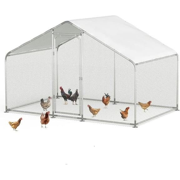 GOJOOASIS Outdoor Large Metal Walk In Chicken Coop Chicken Run 10x 6.6x6.6ft Spire-Top Chicken Pen Waterproof & Anti-UV Cover,Whitie