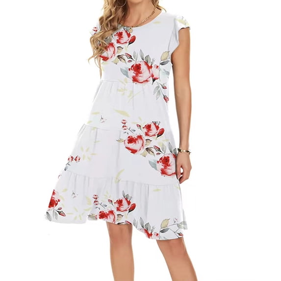Summer Dresses for Women Printed Ruched Dress Short Sleeve Cake Swing Dress