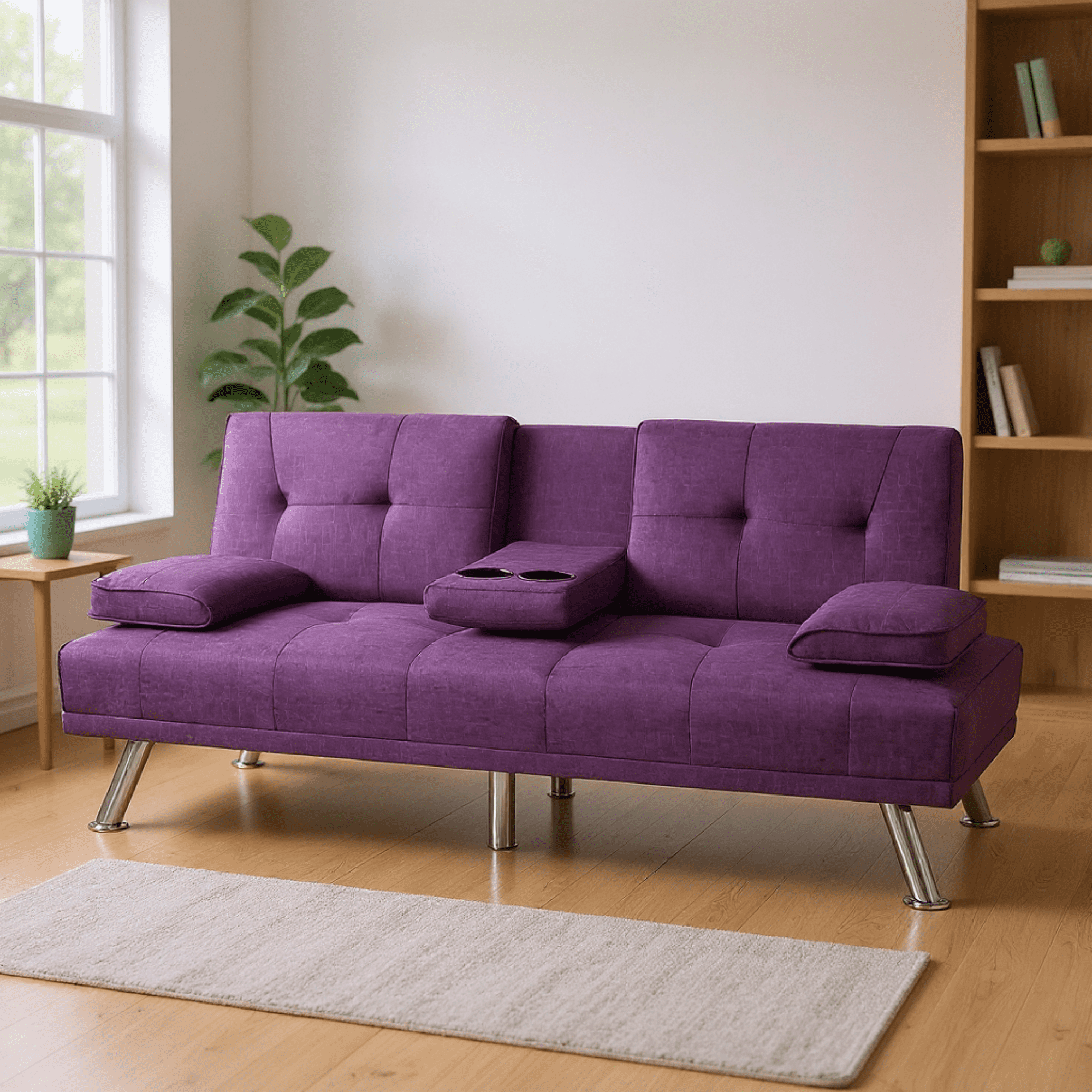 Gewnee 66.3” Futon Sleeper Sofa Bed with 3-Angle Adjustable Backrest,Loveset with 2 Cup Holders for Home,Office,Guest Room(Purple）