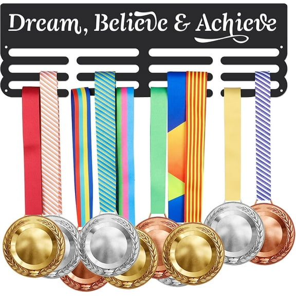 Sports Medal Hanger Display Dream Medal Hook Believe Medal Hangers Achieve Displays Wall Mounted for 60  Medal Rack Display Awards Ribbon Holder Athlete Gifts for Runner