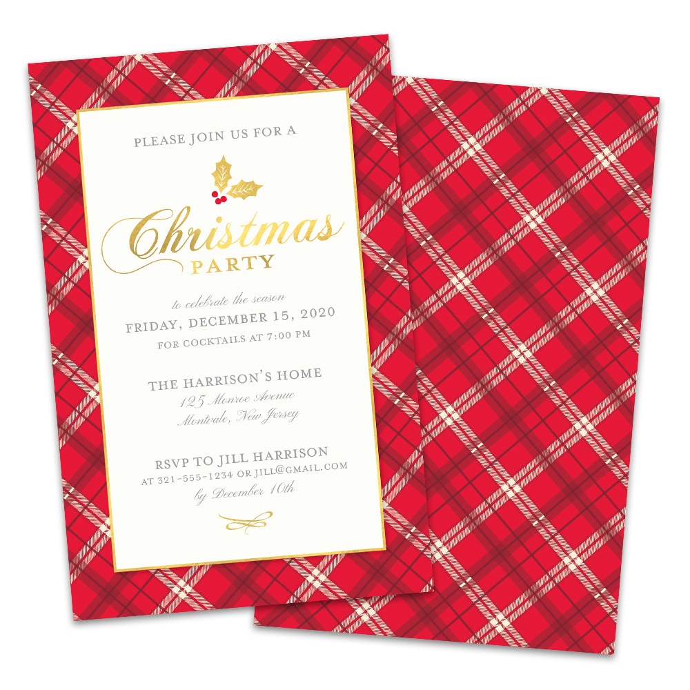 Personalized Classic Red Plaid Holiday Party invitations