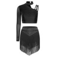thumbnail image 3 of MSemis Women Single Sleeve Rhinestone Crop Top and Skirt Black M, 3 of 7