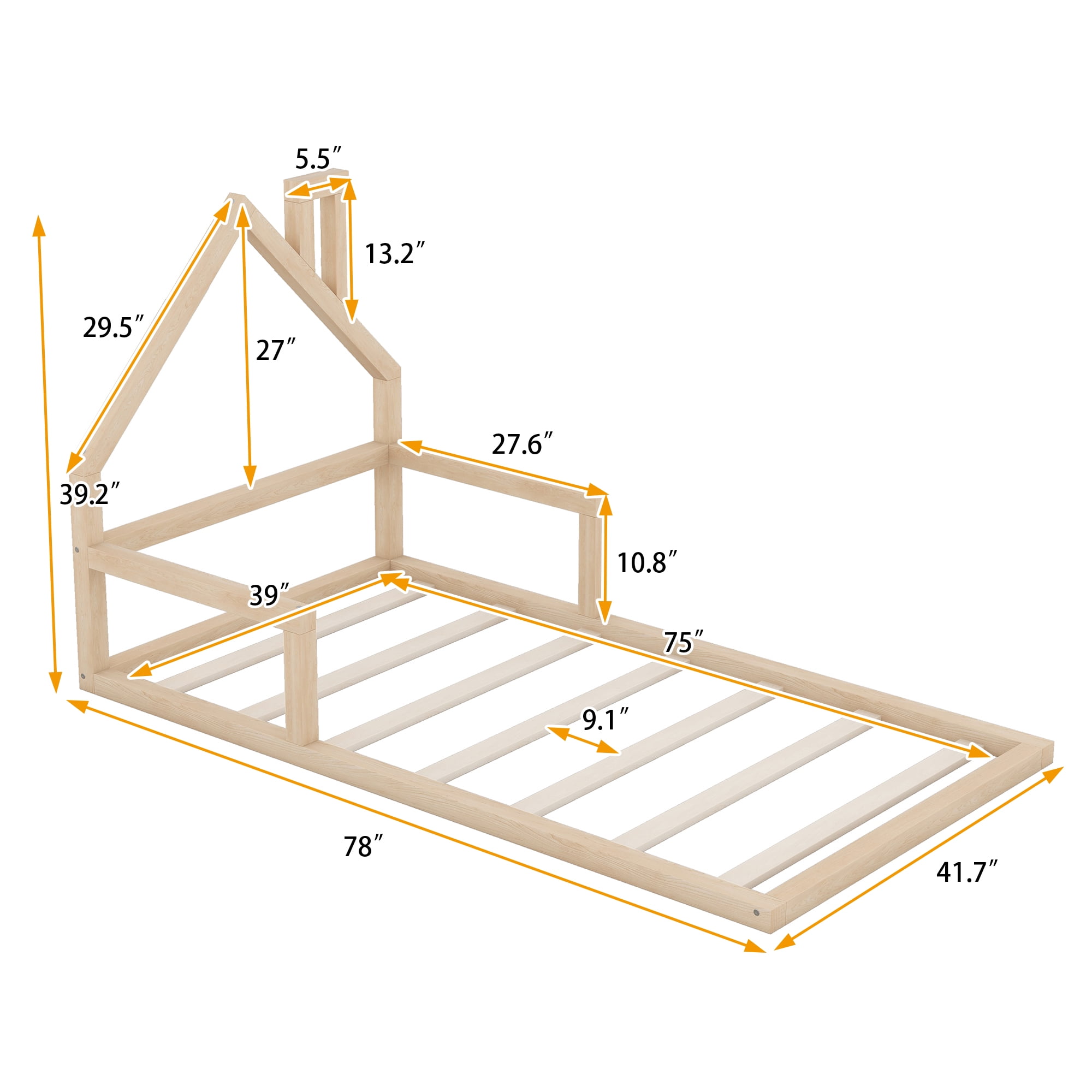 Sailvan Twin Wood Floor Bed Frame with House-Shaped Headboard and Chimney Natural