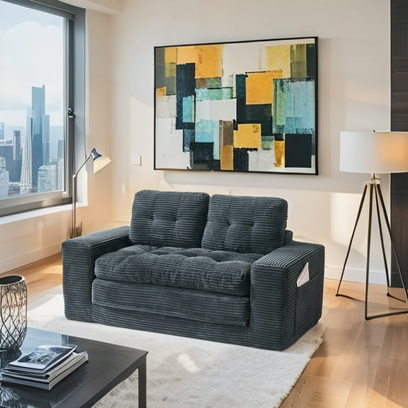 LiviNest Convertible Sofa Bed with Memory Foam: 2-in-1 Sleeper Couch for Small Spaces - No Assembly Corduroy Loveseat with Steel Frame & Storage Pockets for Apartments Home Office & Guest Room (Black
