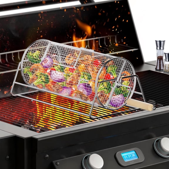 Rotating Grill Baskets, Stainless Steel Rolling BBQ Grill Basket for Vegetables and Shrimp, Outdoor Grilling Accessories