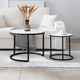 thumbnail image 2 of Set of 2 Coffee Table Nesting White Top Black Frame Circular Round and Marble Pattern Wooden Tables, Living Room Bedroom Apartment Modern Industrial Simple Nightstand, 2 of 10