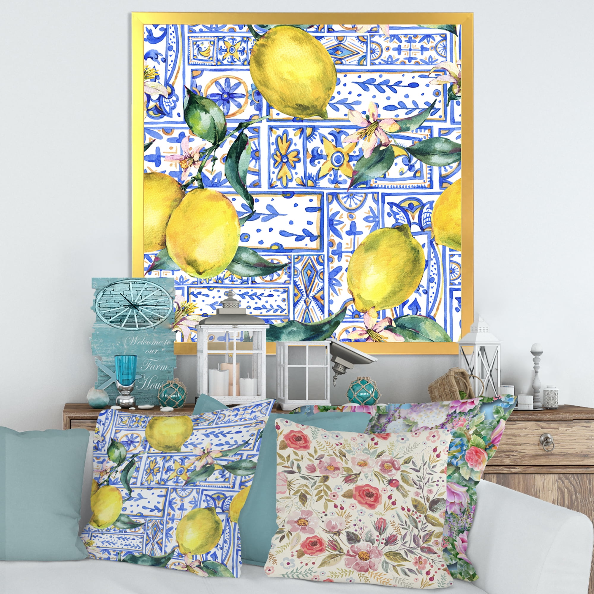 Designart 'Geometrical Pattern of Lemon Ornament On Blue I' Tropical Framed Art Print