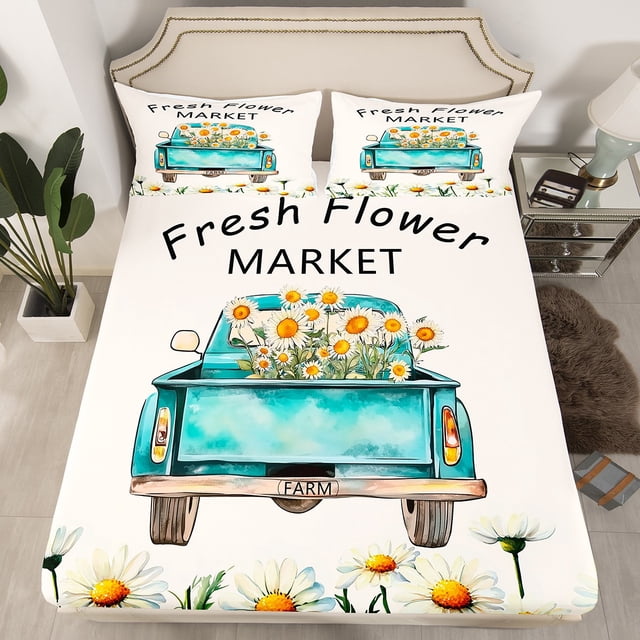 Erosebridal Daisy Fitted Sheet Full, Spring Flower Bedding Set Full Size, Farm Car Decor, 3 Pieces,(No Top Sheet)