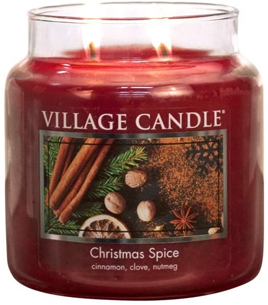 Village Candle Christmas Spice, Medium Glass Apothecary Jar Scented Candle, 13.75 Ounces, Red 