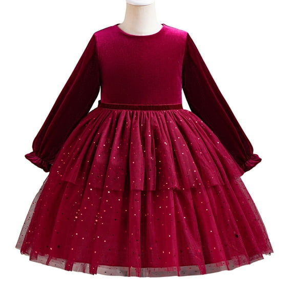 Little Girls Velvet Tulle Fall Winter Long Sleeve Holiday Cristmash Party Dress
