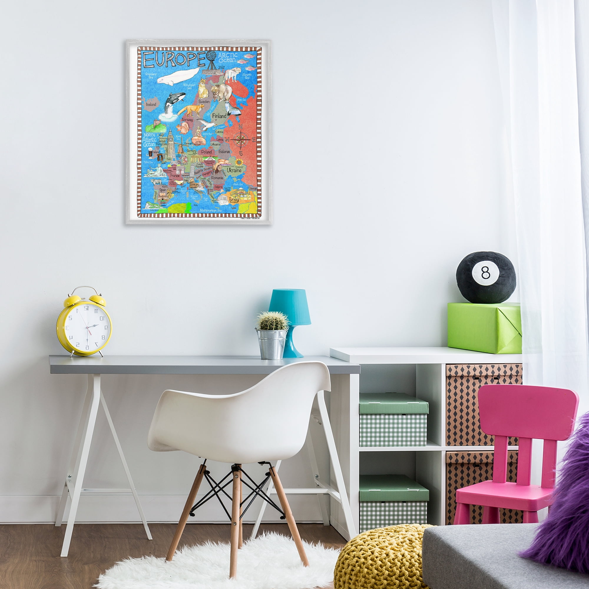 Stupell Industries Europe Animal Map Travel & Places Painting Gray Framed Art Print Wall Art, 24 x 30