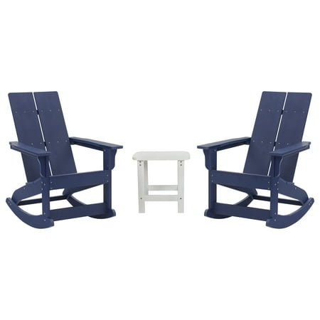 Flash Furniture Finn 3-Piece Adirondack Rocking Patio Chair and Side Table Set Navy