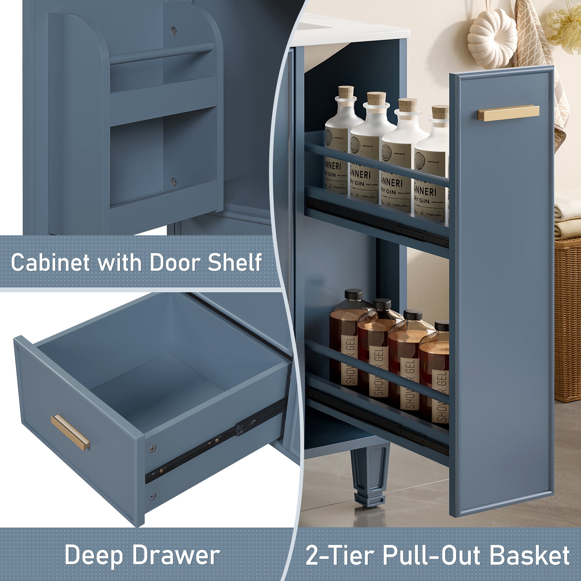 24" Bathroom Vanity with Sink, Modern Bathroom Cabinet with Deep Drawer, 2-Tier Pull-Out Basket, Soft-Close Door, Solid Wood Frame, for Small Bathroom, Powder Room, Grey