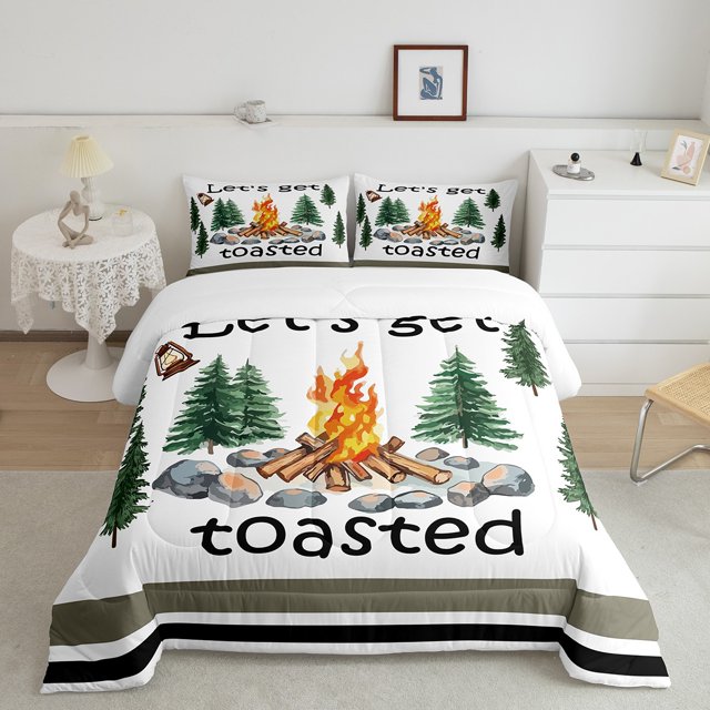 Erosebridal Literie de Camping Joyeux Ensemble de Couette Full, Couette de Camping RV, Décor de Camp Dessin Animé, Réversible 3 Pcs