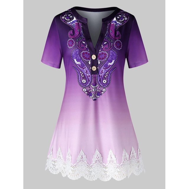 Tamaño más Ombre Paisley Imprimir Guipure de encaje de manga corta T Rosegal Camisetas tallas grandes