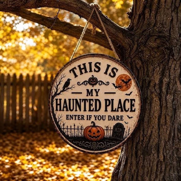 This Is My Haunted Place Halloween Door Sign,Vintage Rustic Hanging Porch Decor, Lantern Crow Bat Moon Wall & Front Door Decoration for Home Yard Entryway Party Halloween Decor(1PCS)