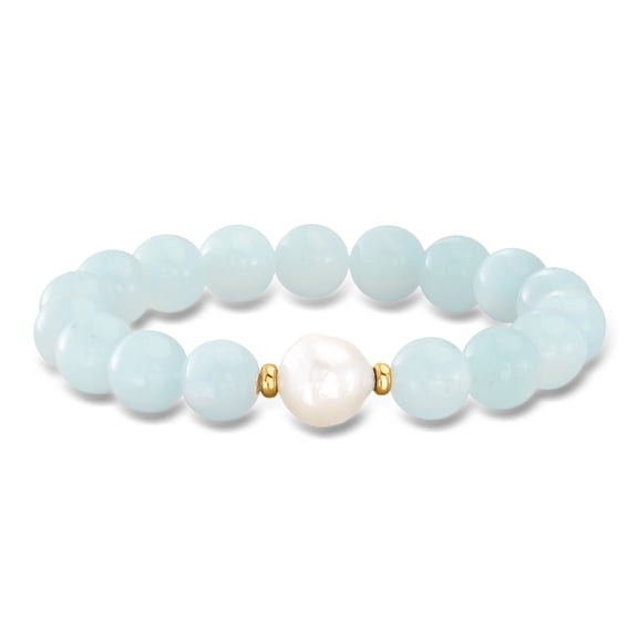Ross-Simons 12-13mm Cultured Baroque Pearl and Milky Aquamarine Stretch Bracelet With 14kt Yellow Gold, Women's, Adult