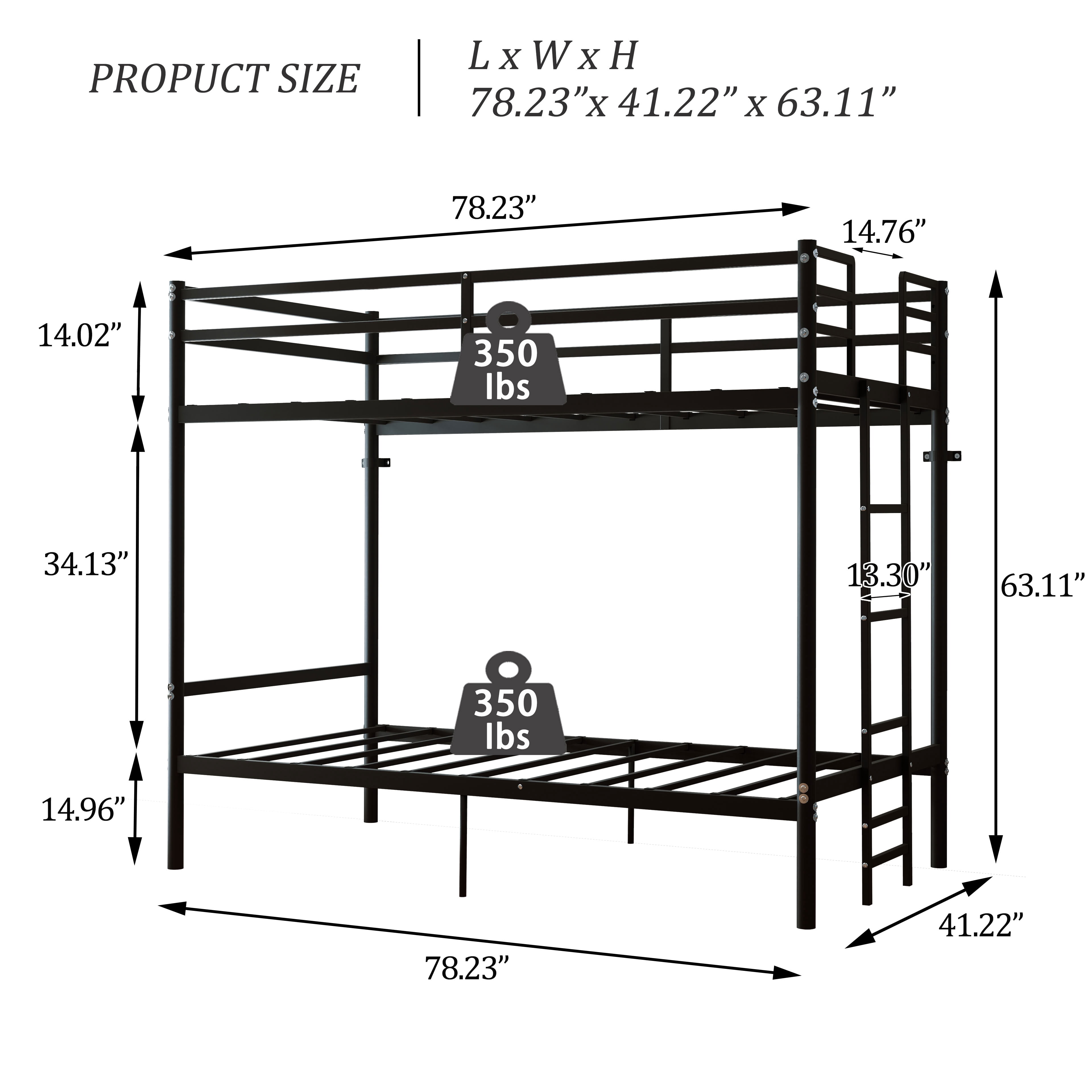 MAYEERTY Twin Over Twin Metal Bunk Bed with Ladder and High Guardrail, Split into 2 Separate Twin Beds, Noise-Free Storage Space, for Kids Teens Adults Bedroom Dorm