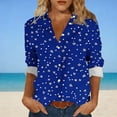 thumbnail image 2 of Camisas de cuello de la tripulación de manga corta para las mujeres impresas de la blusa de la apariencia del lino con el cuello girado hacia abajo botón mangas de manguito Top de verano casual, 2 of 6
