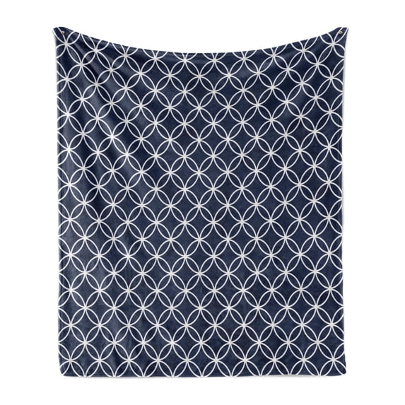 Indigo Soft Flannel Fleece Throw Blanket, Trellis Inspired Pattern Quatrefoil Circles Moroccan Style Tile Theme Image, Cozy Plush for Indoor and Outdoor Use, 50" x 70", Indigo and White, by Ambesonne