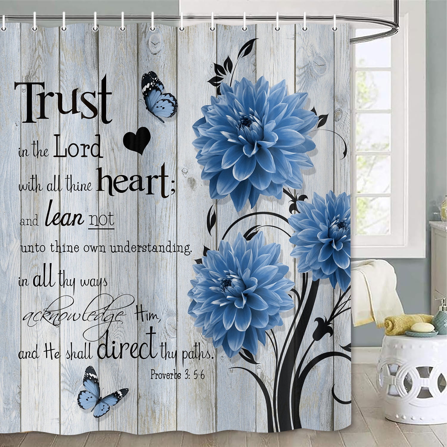 Farmhouse Flower Butterfly Bathroom Curtain, Rustic Blue Floral Dahlia Wooden Shower Curtain, Inspirational Quote Bath Curtain, Washable Fabric Shower Curtain Set with Hooks 72X84in