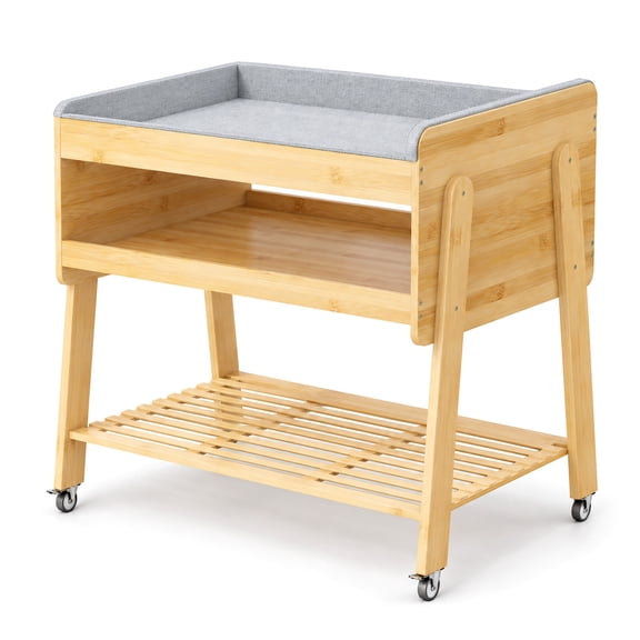 Bamboo Baby Changing Table with Storage and 360°Rotatable Wheels,Lower Draw Mobile Diaper Station,Natural