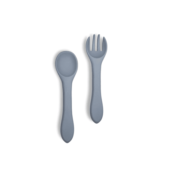 Silicone Baby Fork and Spoon Set - 100% Food Grade Toddlers Silicone Utensils Set, BPA Free Anti-Choke Baby Spoon and Toddler Fork Combo. The set includes a soft silicone fork and spoon in a muted blue colour, designed with rounded ends for safe use by toddlers. Made from 100% food-grade silicone, it is BPA, PVC, and phthalate-free, and is dishwasher and microwave safe.