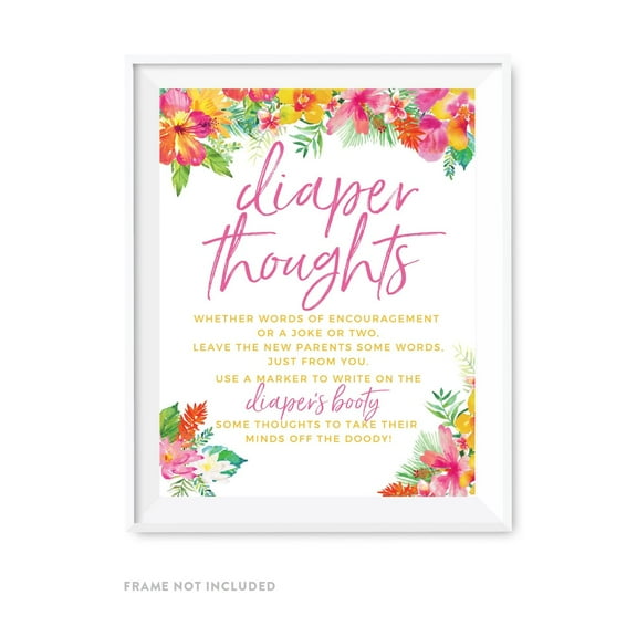 Tropical Floral Garden Party Baby Shower, Diaper Thoughts Party Sign, 8.5x11-inch Games Activities and Decorations