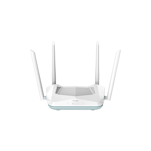 router d-link r15 eagle pro ai ax1500 wi-fi 6 1500 mbps, blanco, vista frontal con cuatro antenas externas verticales y carcasa superior texturizada; indicadores LED frontales y base curva visibles, puertos Gigabit en la parte trasera, compatible con WiFi Mesh y funciones AI para optimizar tráfico y roaming; suele utilizarse también para gestionar redes de oficina pequeña.