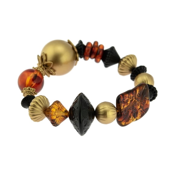 Elegant Fall Colors Stretch Bead Bracelet - Brown, Black and Gold Tone Mixed Beads Jewelry Bracelet Gold