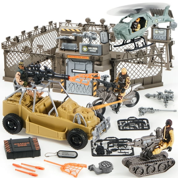 Joyfy 26pcs Military Base Toys Set for Kids, Army Men Action Figures and Weapon Gear Accessories Military Combat Toys, Great Christmas Birthday Gift for Boy