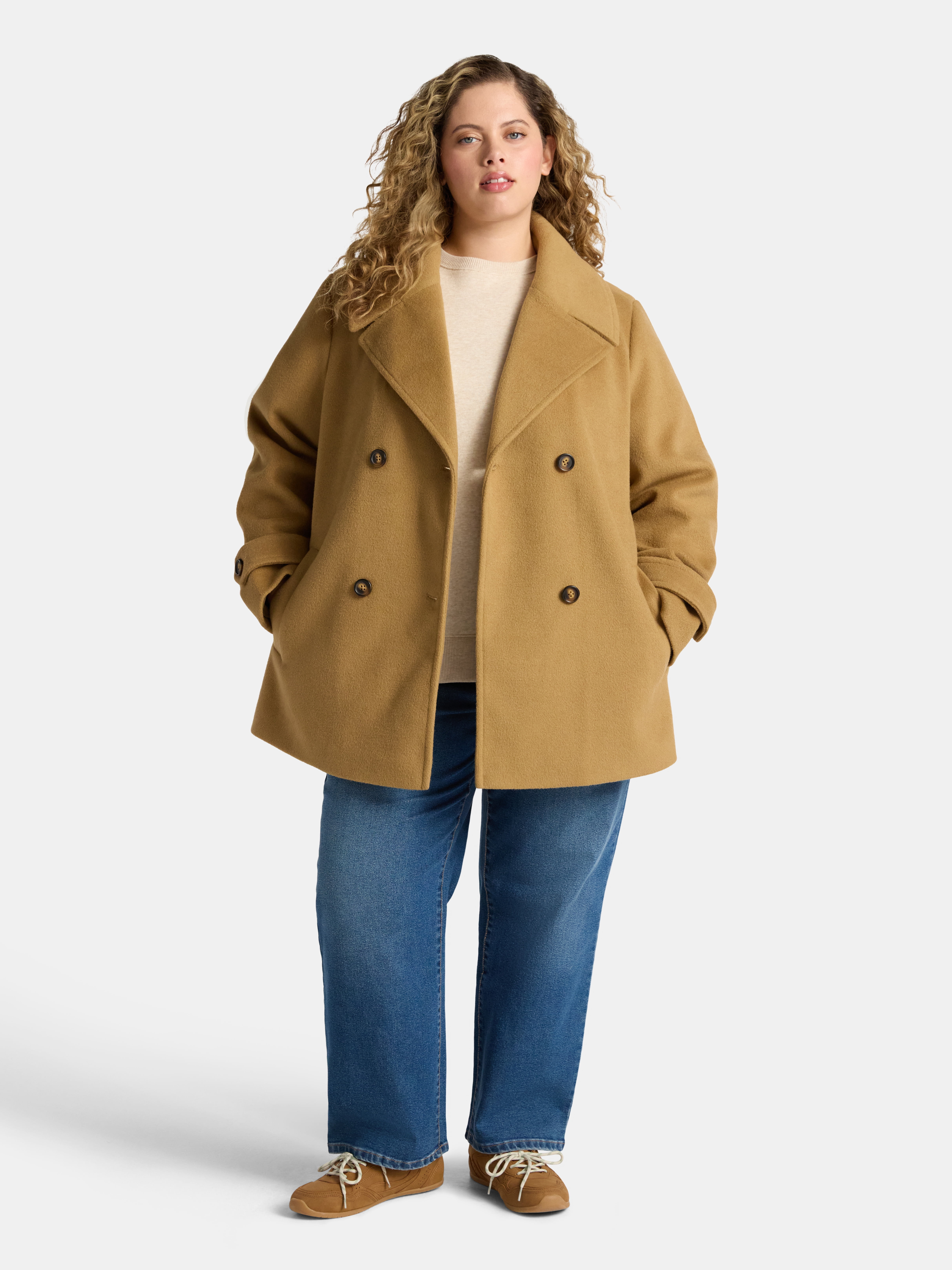 Time and Tru Women's and Women's Plus Faux Wool Peacoat, Sizes XS-3X