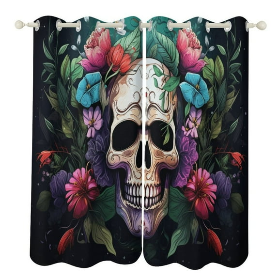 Halloween Colored Skull Curtains Watercolor Theme Window Curtains Grommet Blackout Drapes for Living Room Bedroom