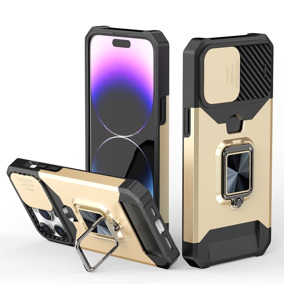 For iPhone 15 Multi-Functional Card Magnetic Ring Stand Hybrid Camera Case Cover - Gold
