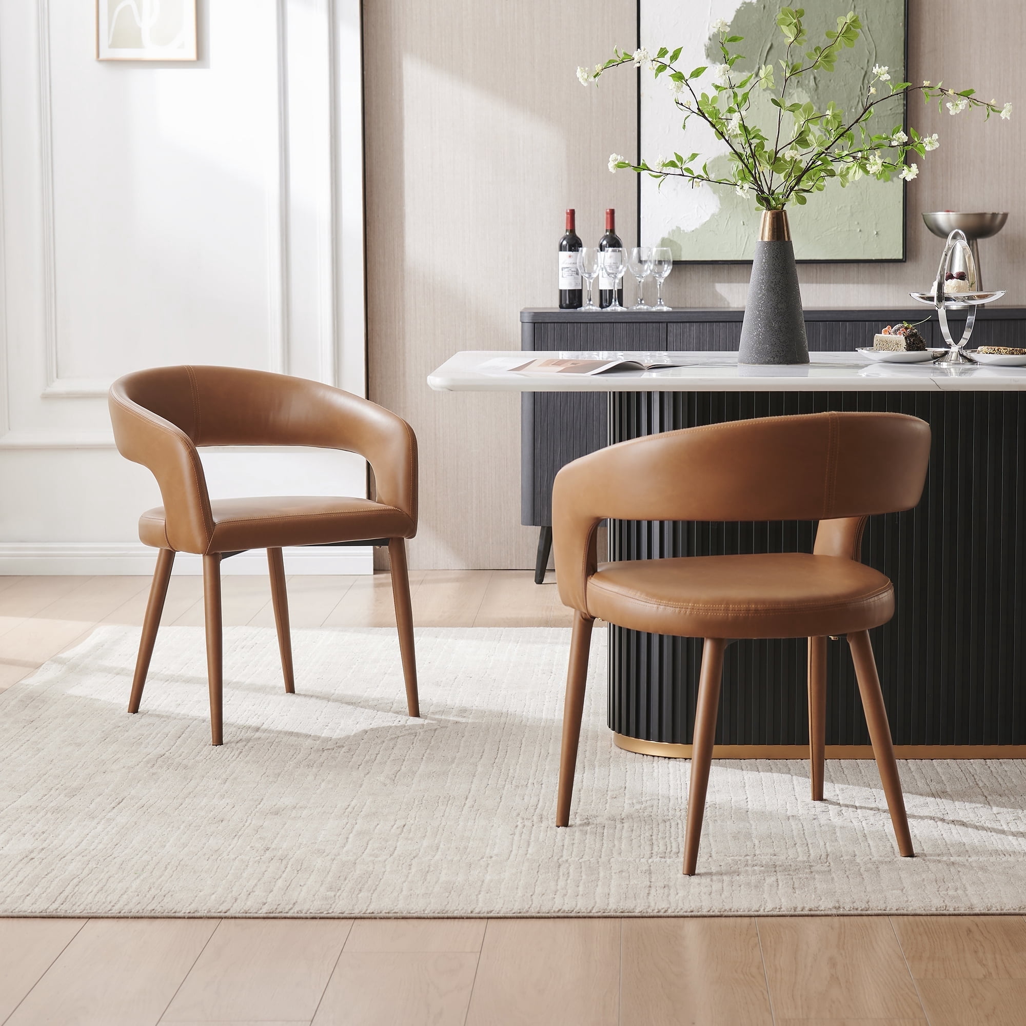 Morden Fort Leather Dining Chairs Set of 2,&nbsp;Easy Clean Barrel Chairs, Modern Upholstered Kitchen Armchair with Metal Frame & Round Back, Orange